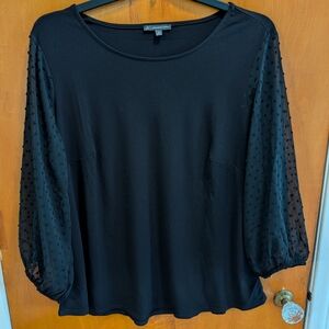 Adrianna Papell Black Knit Bodice Blouse with Swiss Dot Sheer Sleeves